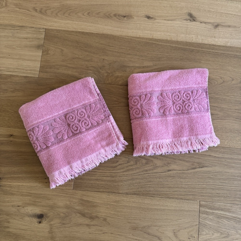 Vintage Cannon Monticello Santa Cruz Bath Towels Fringed Mauve Rose Pink Lot 2
